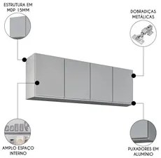 Armário de Cozinha Aéreo 160cm 4 Portas Nevada Cinza Claro - Lumil