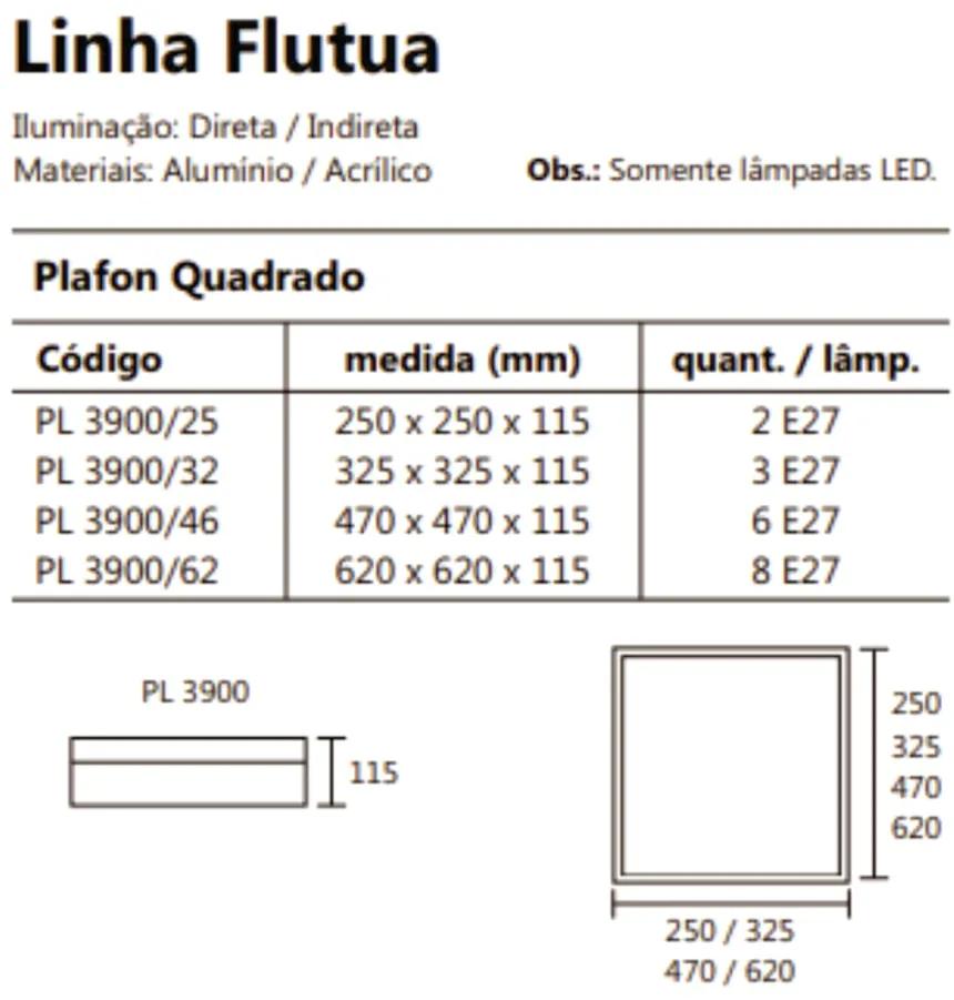 Plafon De Sobrepor Flutua Quadrado 32X32Cm 3Xe27 Metal E Acrílico | Us... (BT - Branco Texturizado)