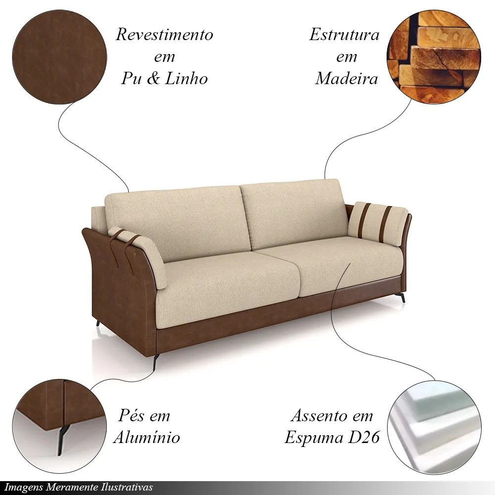 Conjunto Poltrona e Sofá Decorativo Violet 3 Lugares 223cm Pés em Alumínio Preto Linho Bege Claro/Marrom G45 - Gran Belo