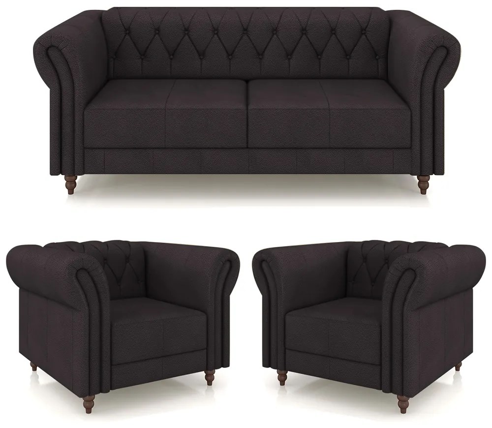 Conjunto Sala de Estar 1 Sofá Living 200cm e 2 Poltronas Stanford Chesterfield Pés Madeira Couro Borgonha G58 - Gran Belo