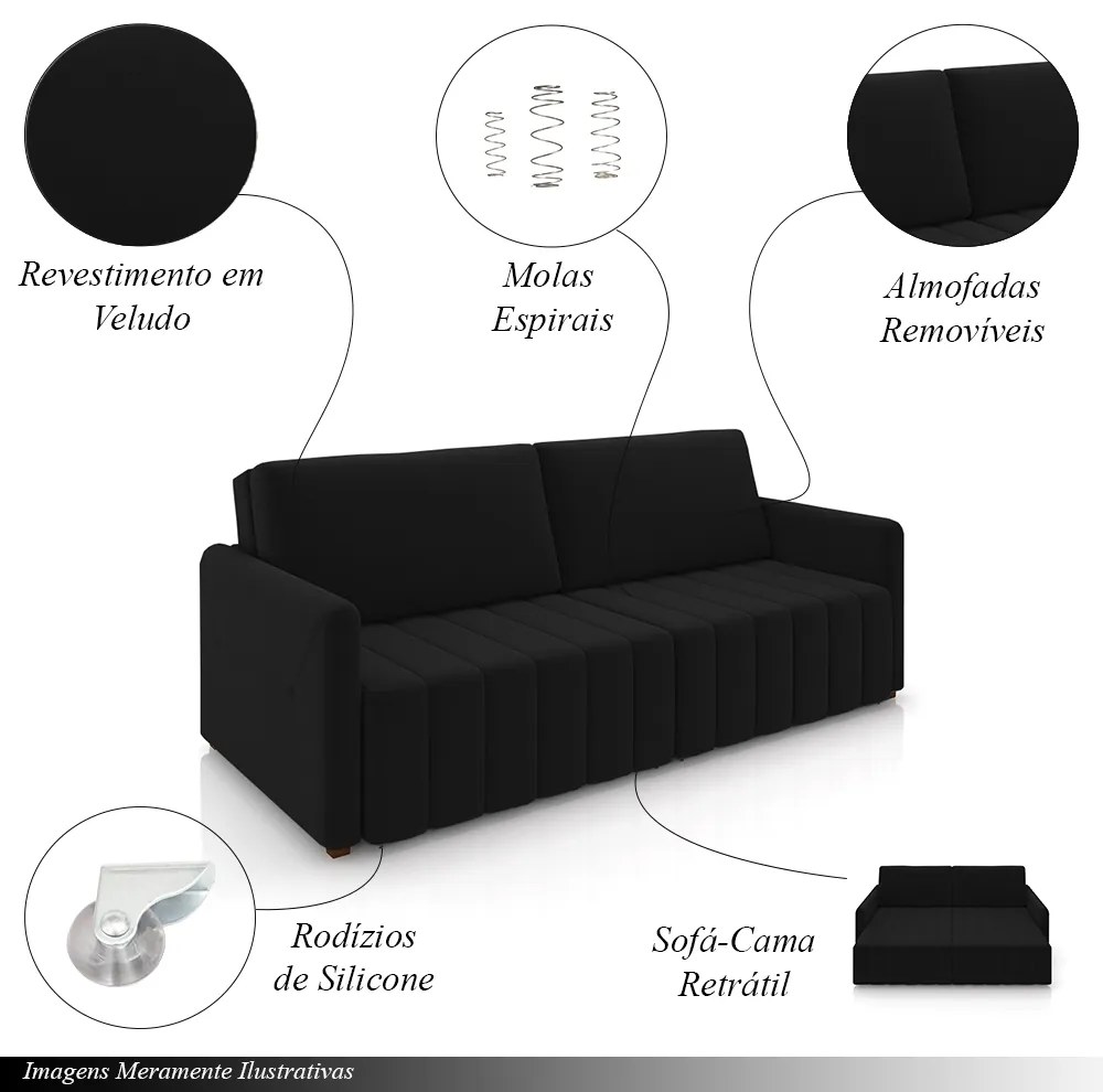 Sofá-Cama Decorativo Retrátil Thanos 2 Lugares 192cm Veludo Preto G45 - Gran Belo