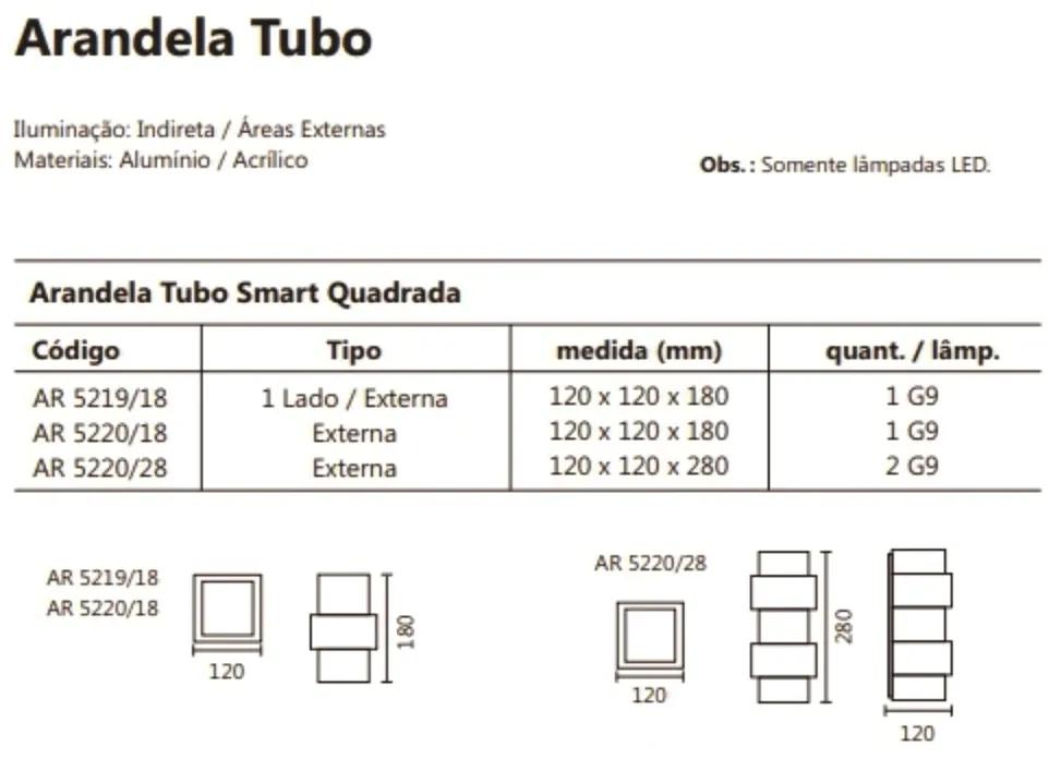 Arandela Smart Tubo Quadrado Facho Duplo 12X12X28Cm 2Xg9 | Usina 5220/... (AV-M - Avelã Metálico)