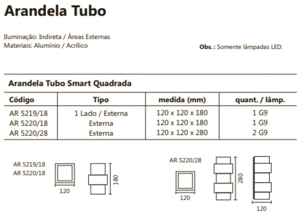 Arandela Smart Tubo Quadrado Facho Duplo 12X12X28Cm 2Xg9 | Usina 5220/... (BT - Branco Texturizado)