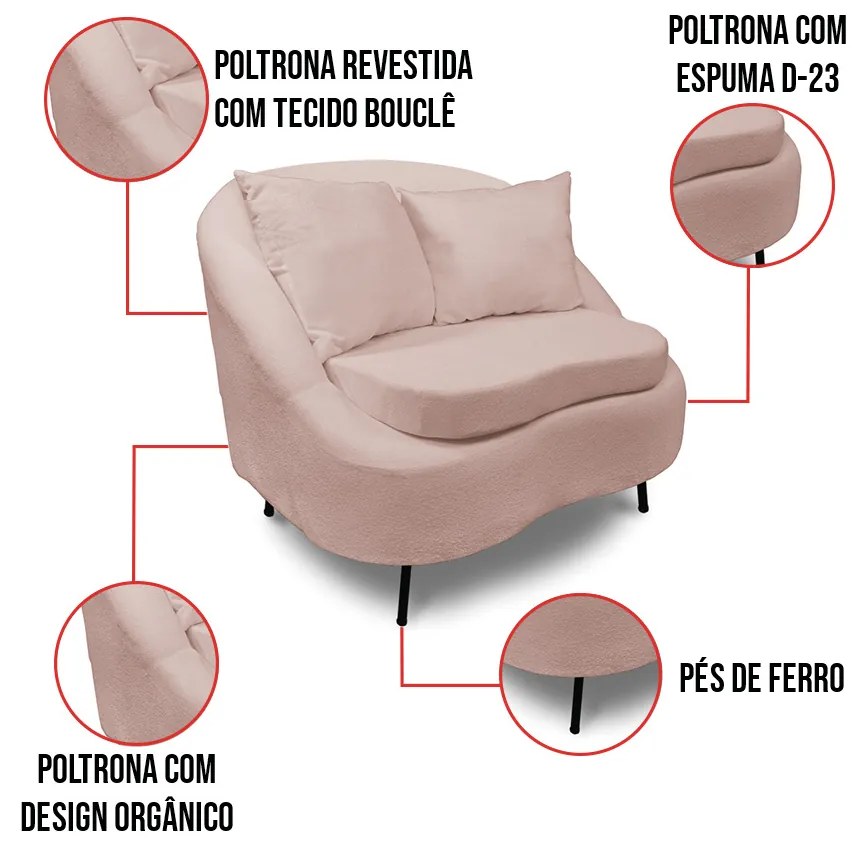 Poltrona Decorativa Orgânica Pé Ferro Pto Kit 2 Zaya Bouclê Rosê C05 - D'Rossi