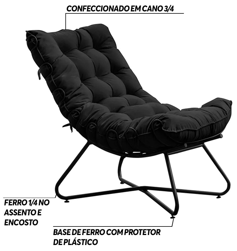 Poltrona Decorativa Sala de Estar Caim Base de Ferro Preto Suede Preto G41 - Gran Belo