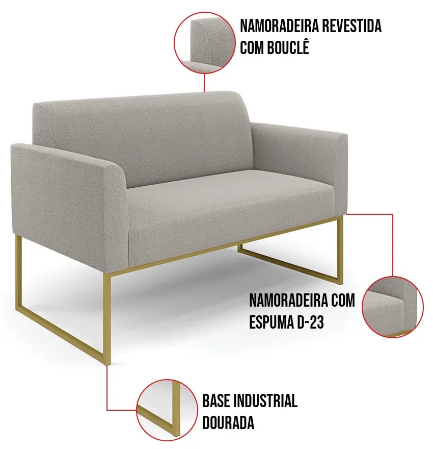 Namoradeira e 2 Poltronas Industrial Dourado Marisa Bouclê Cinza D03 - D'Rossi