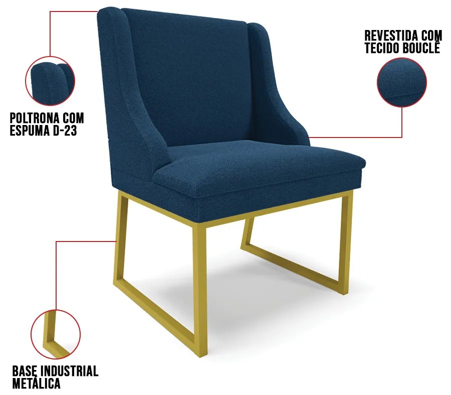 Cadeira Sala de Jantar Industrial Dourado kit 4 Liz Bouclê Azul D03 - D'Rossi