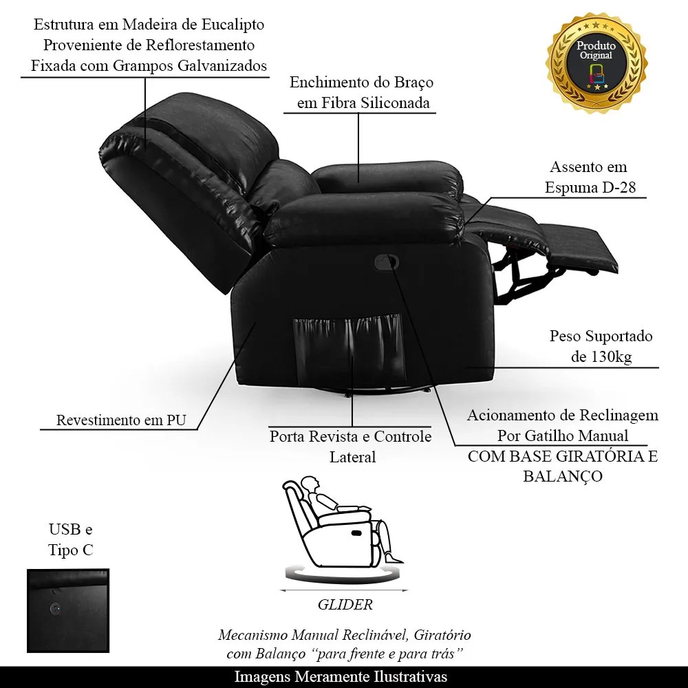 Poltrona do Papai Reclinável Sala de Cinema Madrid Glider Manual Giratória USB PU Preto Brilho  G23 - Gran Belo