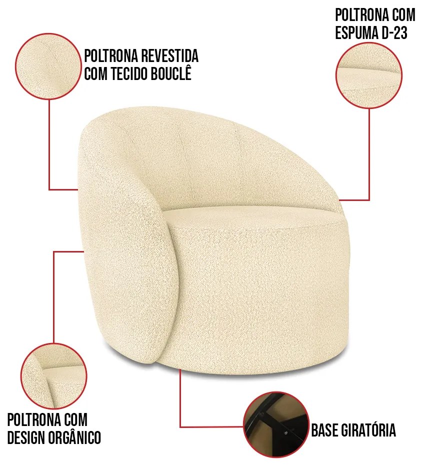 Sofá 3 Lugares Orgânico 180cm Morgan e 2 Poltronas Lua Bouclê Bege D03 - D'Rossi