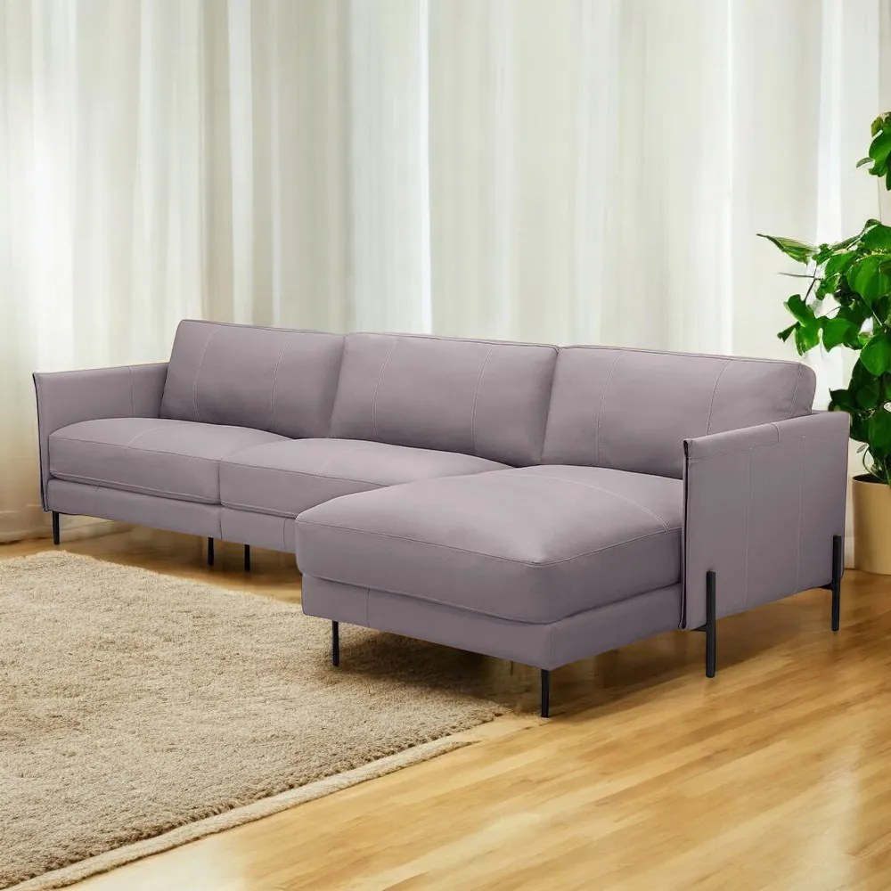 Sofá Decorativo Karine 5 Lugares Sala de estar 330cm com Chaise Pés em Aço Couro Avelã G88 - Gran Belo