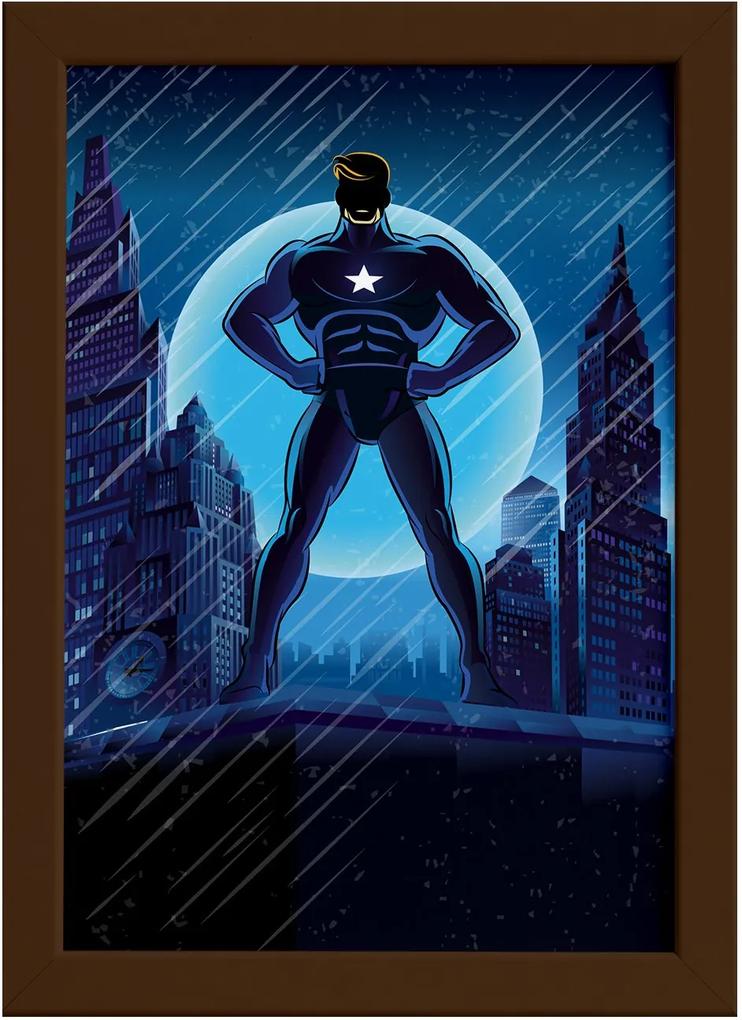 Quadro Super Heróis Geek Azul Estrela Moldura Marrom 22x32cm