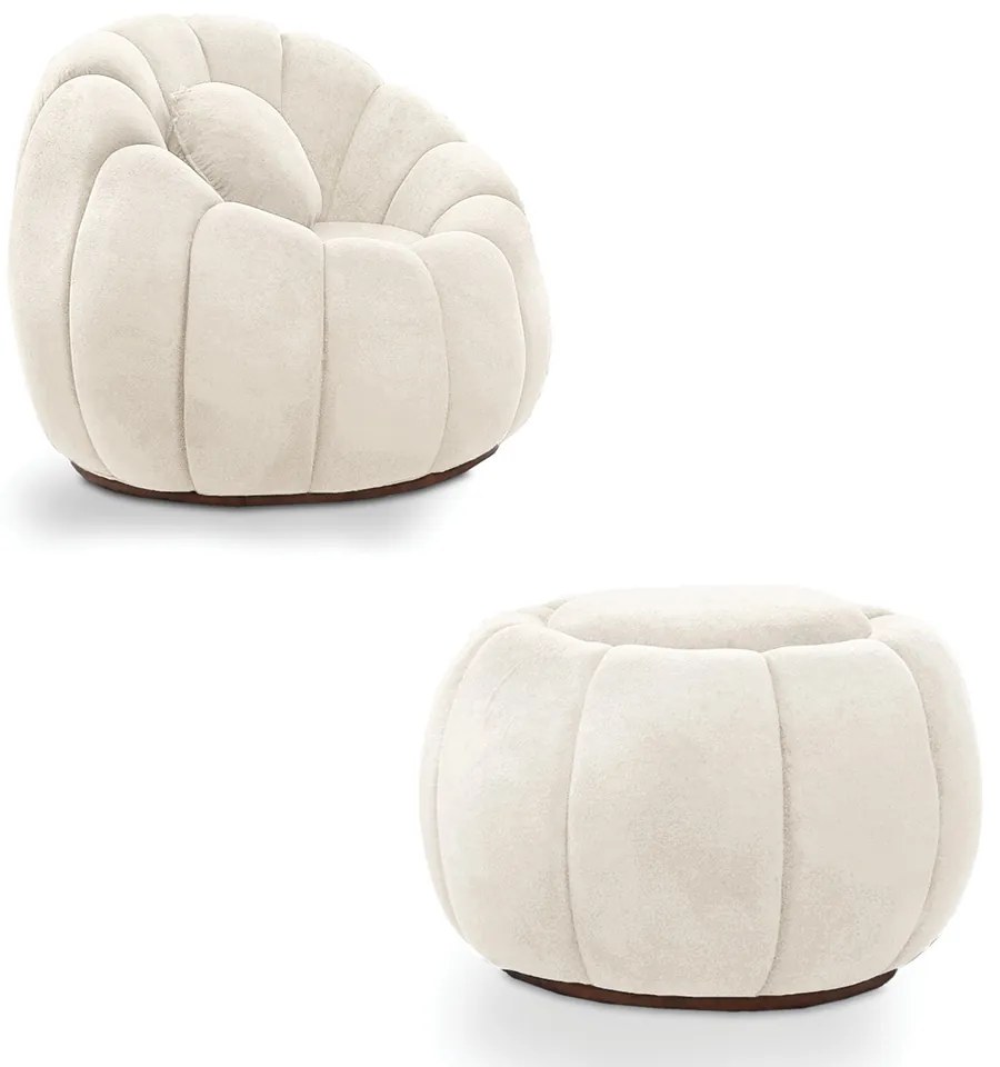 Poltrona Decorativa Orgânica Giratória com Puff Cloud Bouclê E03 - D'Rossi - Bege