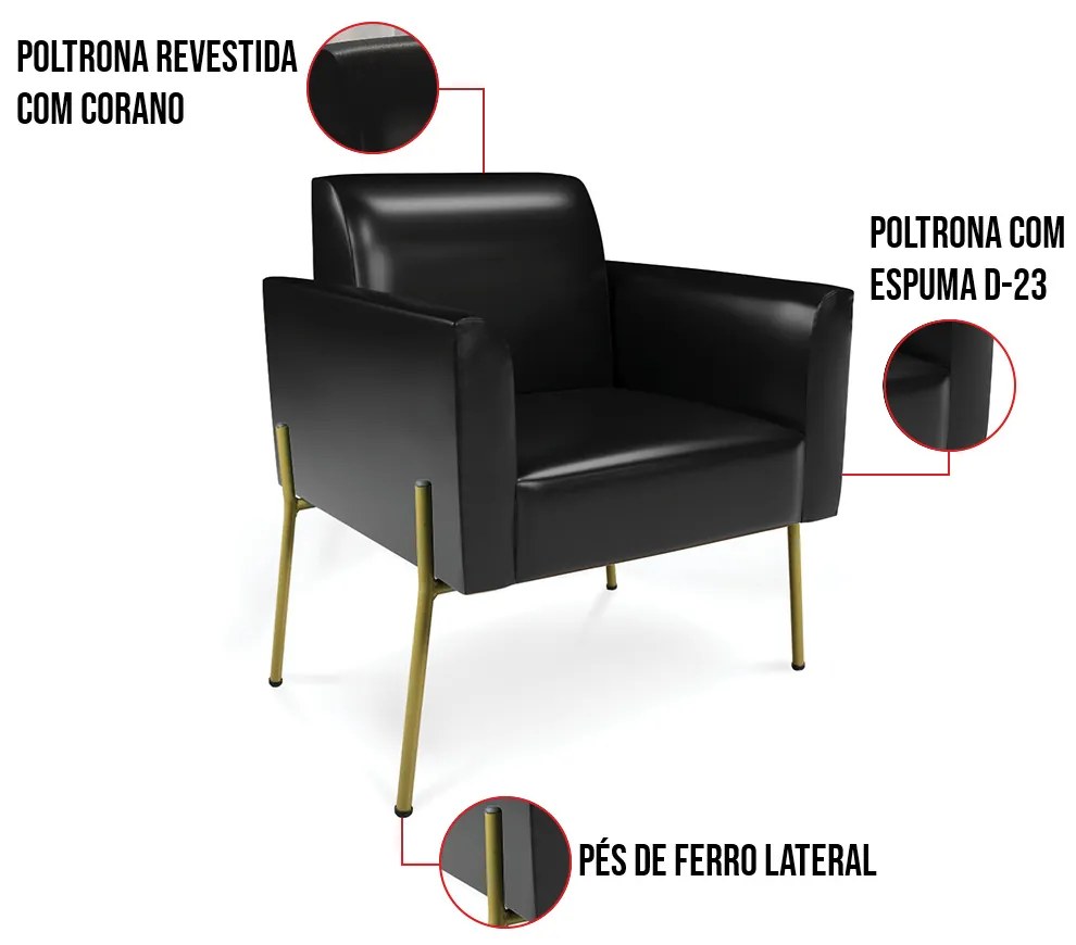 Poltrona Pé de Ferro Dourado Kit 2 para Sala Marisa Corano D03 - D'Rossi - Preto