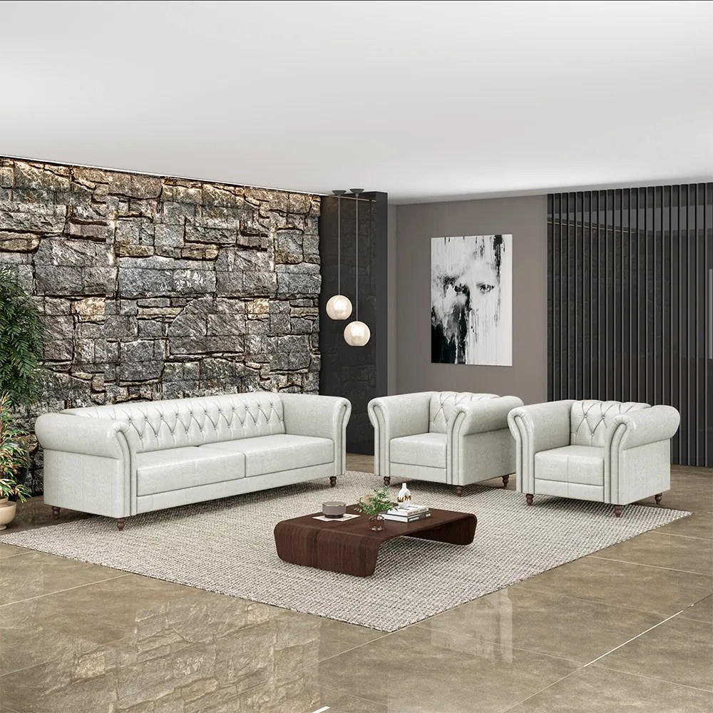 Conjunto Sala de Estar 1 Sofá Living 220cm e 2 Poltronas Stanford Chesterfield Pés Madeira Couro Branco Manchado G58 - Gran Belo