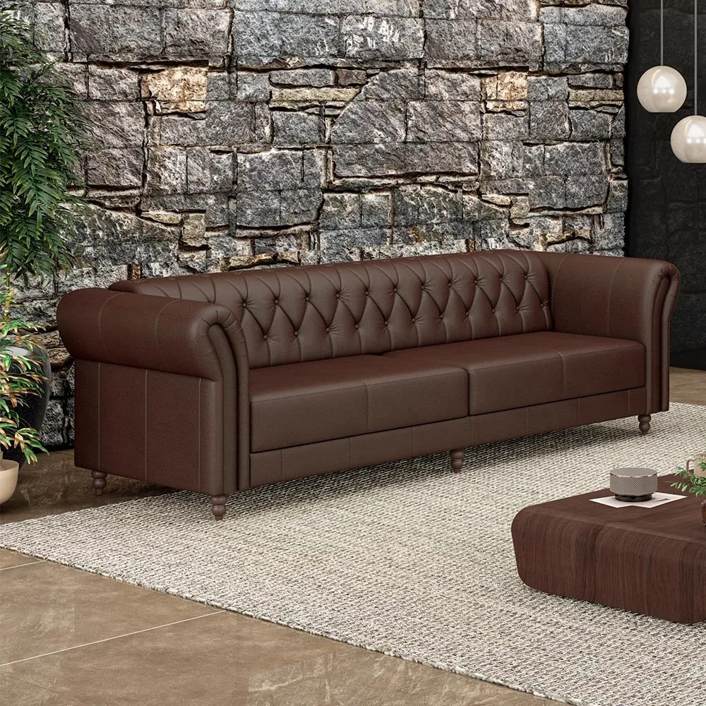 Sofá Living Sala de Estar Stanford Chesterfield 3 Lugares 240cm Pés de Madeira Couro Marrom Brilho G58 - Gran Belo