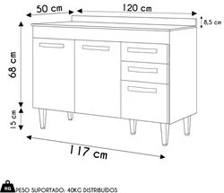 Balcão Gabinete Para Pia 120cm 3 Portas com Tampo Suécia Cinza - Lumil