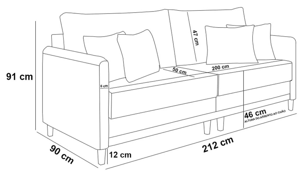 Sofá 3 Lugares Living 212cm Pé Madeira Valença Nozes/Veludo K01 - D'Rossi - Bege