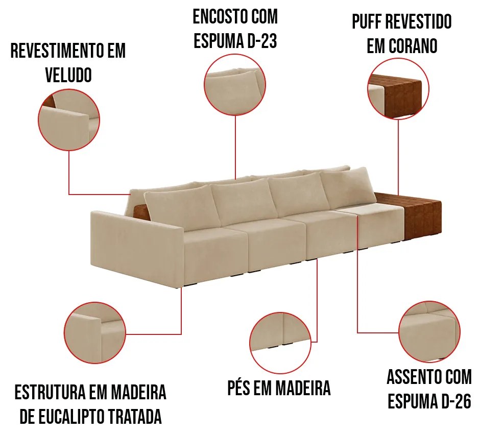 Sofá Ilha 4 Lugares Living 472cm Modulado para Sala Lary Veludo Bege K01 - D'Rossi