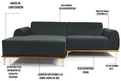 Sofá 255cm 4 Lugares com Chaise Esquerdo Pés Gold Molino C-317 Veludo