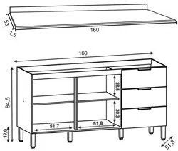 Balcão Gabinete para Pia com Tampo 160cm Charm K02 Freijó - Mpozenato