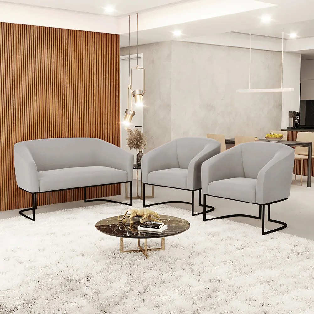 Namoradeira e 2 Poltronas Industrial Preto Stella Veludo Cinza D03 - D'Rossi