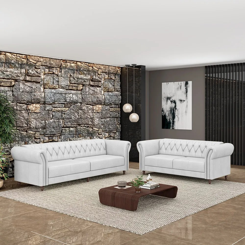 Conjunto de Sofá Sala de Estar Stanford Chesterfield 2 e 3 Lugares 200cm/260cm Pés Madeira Couro Branco G58 - Gran Belo