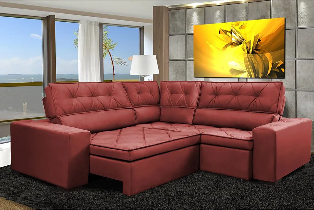 Sofa De Canto Retrátil E Reclinável Com Molas Cama Inbox Austin 2,60m X 2,60m Suede Velusoft Vermelho