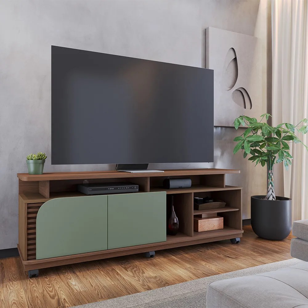 Bancada Tv de 75'' 2 Portas com Rodízio Ewa 180cm C04 - D'Rossi - Amendoa e Verde Pistache