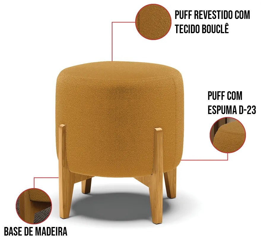 Puff Banqueta Decorativo Base Madeira Stella Bouclê Mostarda P01 - D'Rossi