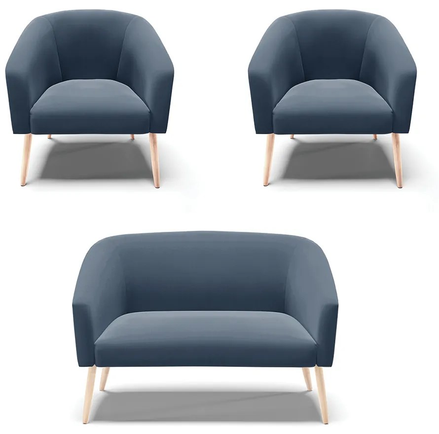 Namoradeira e 2 Poltronas Pé Palito Natural Stella Suede Azul Marinho D03 - D'Rossi