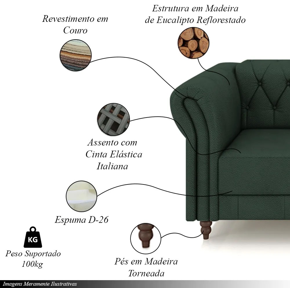 Poltrona Decorativa Sala de Estar Stanford Chesterfield Pés de Madeira Couro Verde G58 - Gran Belo