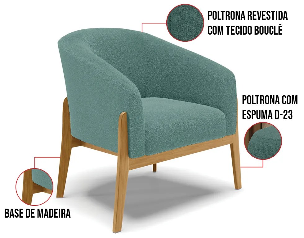 Poltrona Decorativa Base Madeira Stella Bouclê D03 - D'Rossi - Verde Menta