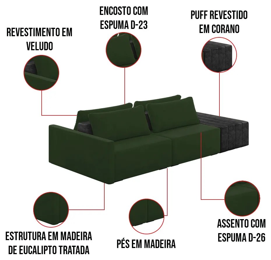 Sofá Ilha 2 Lugares Living 272cm Modulado Sala Lary Veludo Verde/PU Pto K01 - D'Rossi