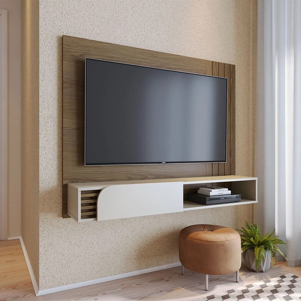 Painel TV 60 Pol 160cm Bancada Suspensa Ripado Hanno Amendoa/Off White Matte C04 - D'Rossi