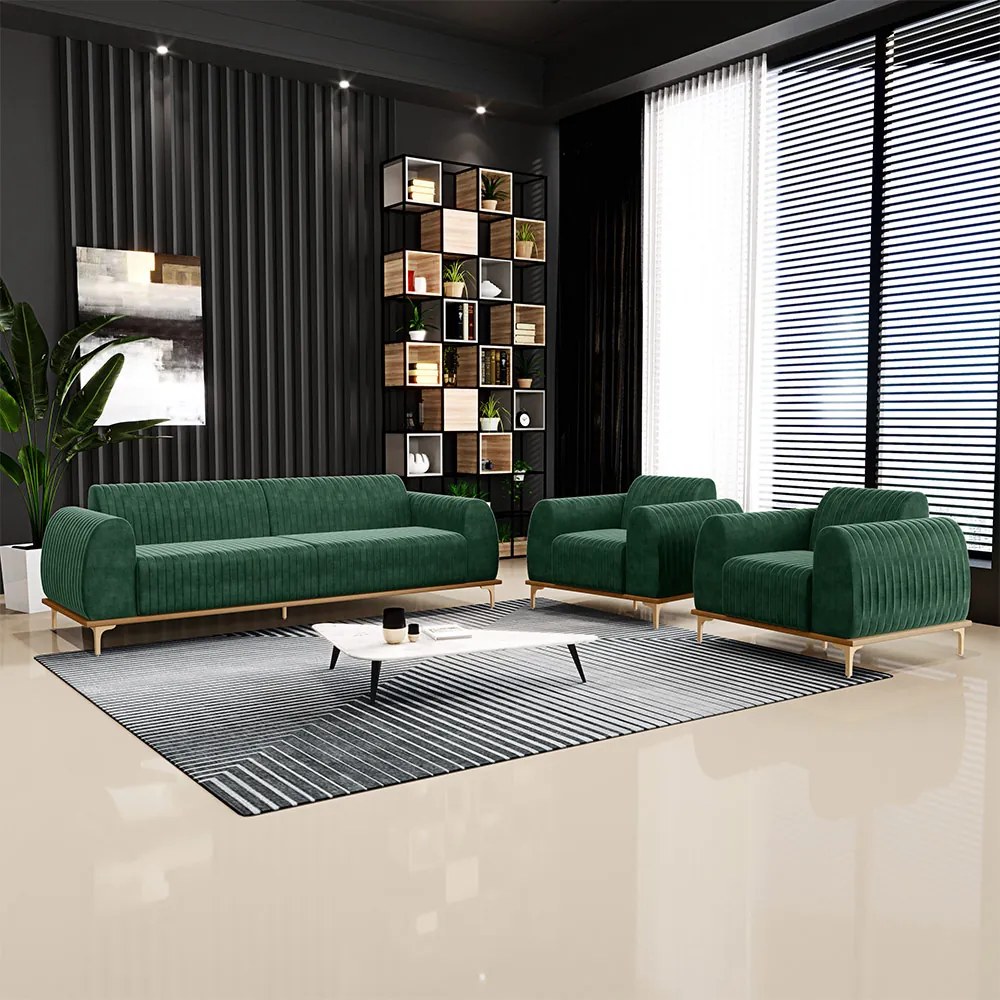 Conjunto Sofá 3 Lugares e 2 Poltronas Base de Madeira Euro 260 cm Veludo Verde G15 - Gran Belo