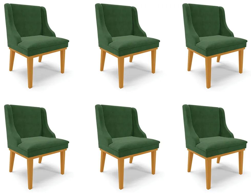 Kit 6 Cadeiras Decorativas Sala de Jantar Base Fixa de Madeira Firenze Suede Verde/Castanho G19 - Gran Belo