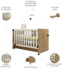 Berço Americano Mini Cama Com Rodízios Charme Nature/Off Z49 - Mpozena