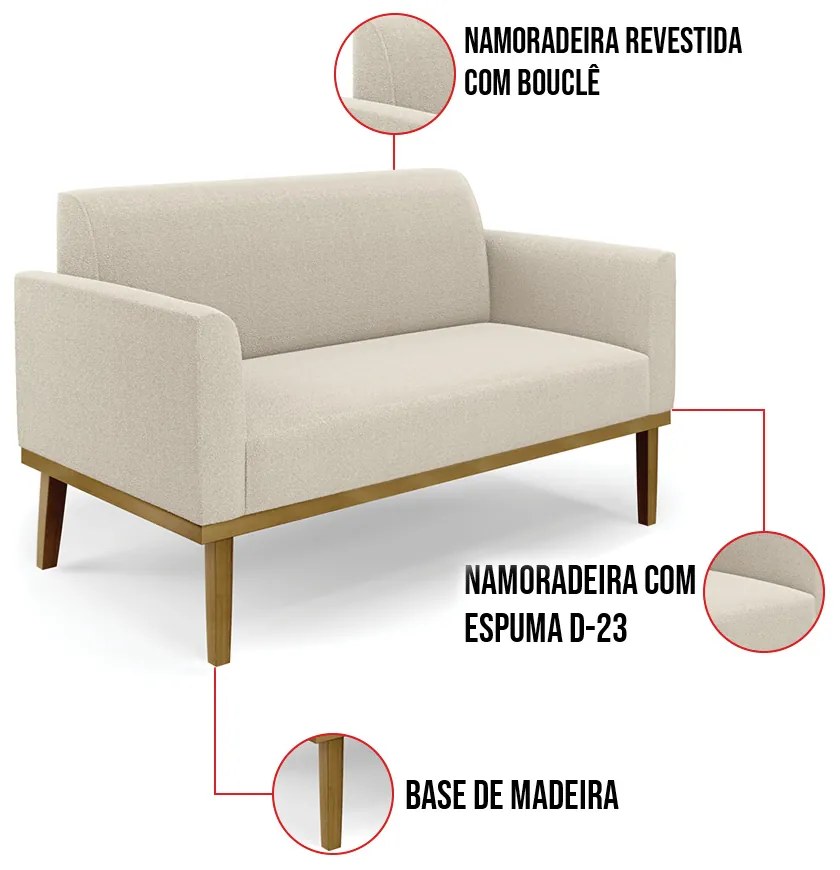 Namoradeira e 2 Poltronas Base Madeira Castanho Marisa Bouclê D03 - D'Rossi - Bege