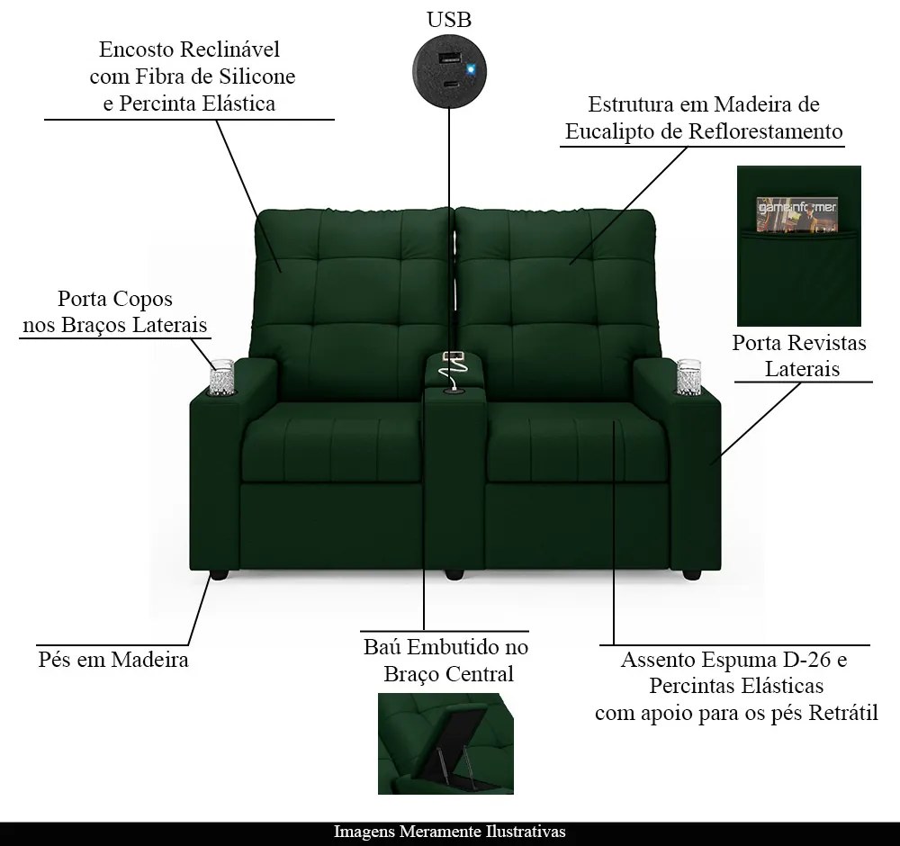 Poltrona Reclinável Para Cinema Parma 2 Lugares Baú USB Veludo FH1 - D'Rossi - Verde