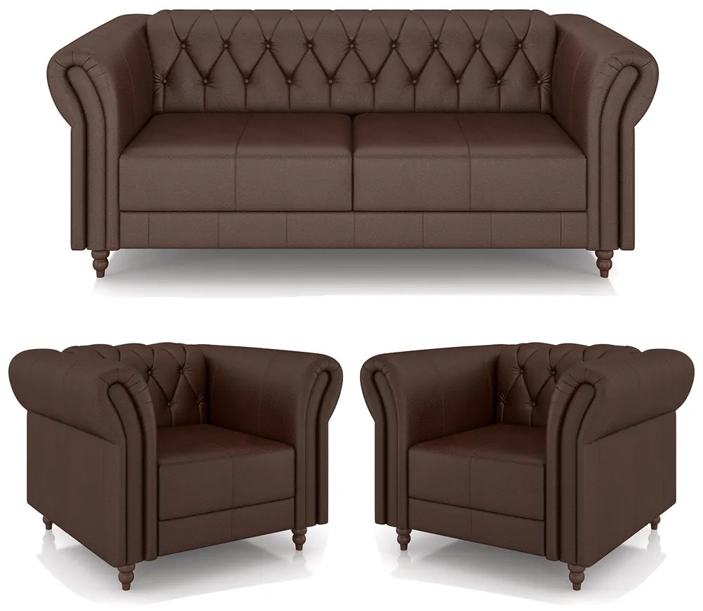 Conjunto Sala de Estar 1 Sofá Living 220cm e 2 Poltronas Stanford Chesterfield Pés Madeira Couro Marrom Brilho G58 - Gran Belo