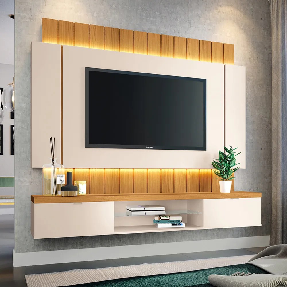 Painel Home Suspenso 1.8 para TV até 55" Sala de Estar Illusion Off White/Cinamomo G26 - HB Móveis