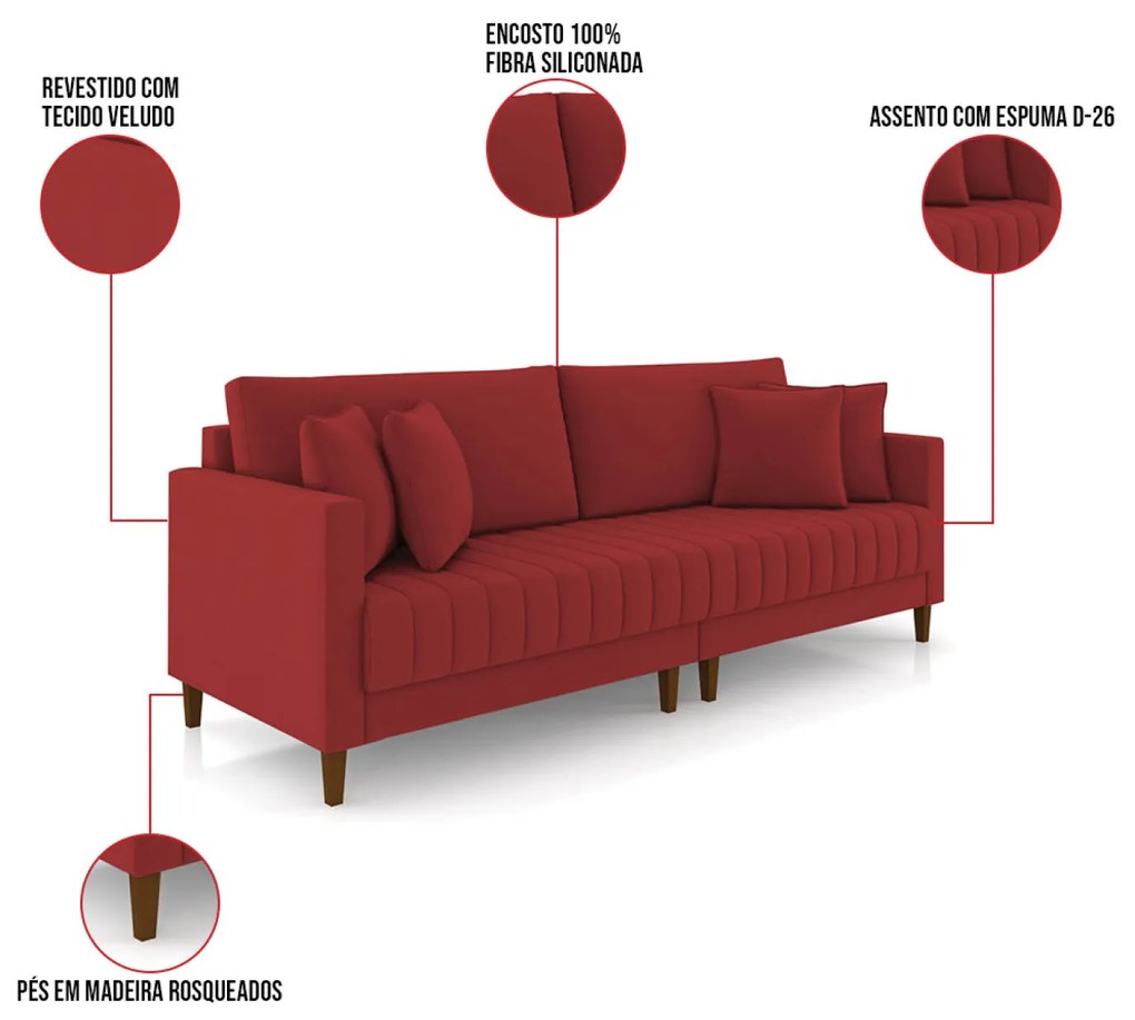 Sofá 3 Lugares Living 196cm Pés Madeira Cléo Veludo K01 - D'Rossi - Vermelho