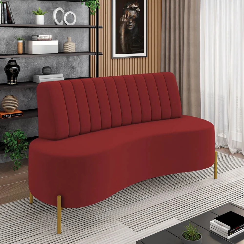 Sofá 2 Lugares Living 160cm Pé Ferro Dourado Maraú Veludo Vermelho K01 - D'Rossi