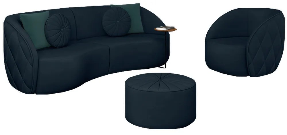 Conjunto Decorativo Sofá 240cm e Poltrona Clarke com Puff Round Veludo Azul Marinho G45 - Gran Belo