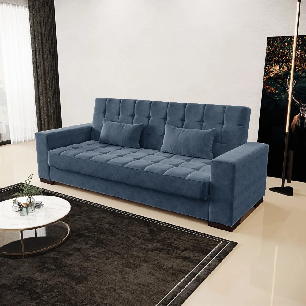 Sofá Cama 02 Lugares Lisboa Suede Azul Marinho Pés de Madeira - D'Rossi