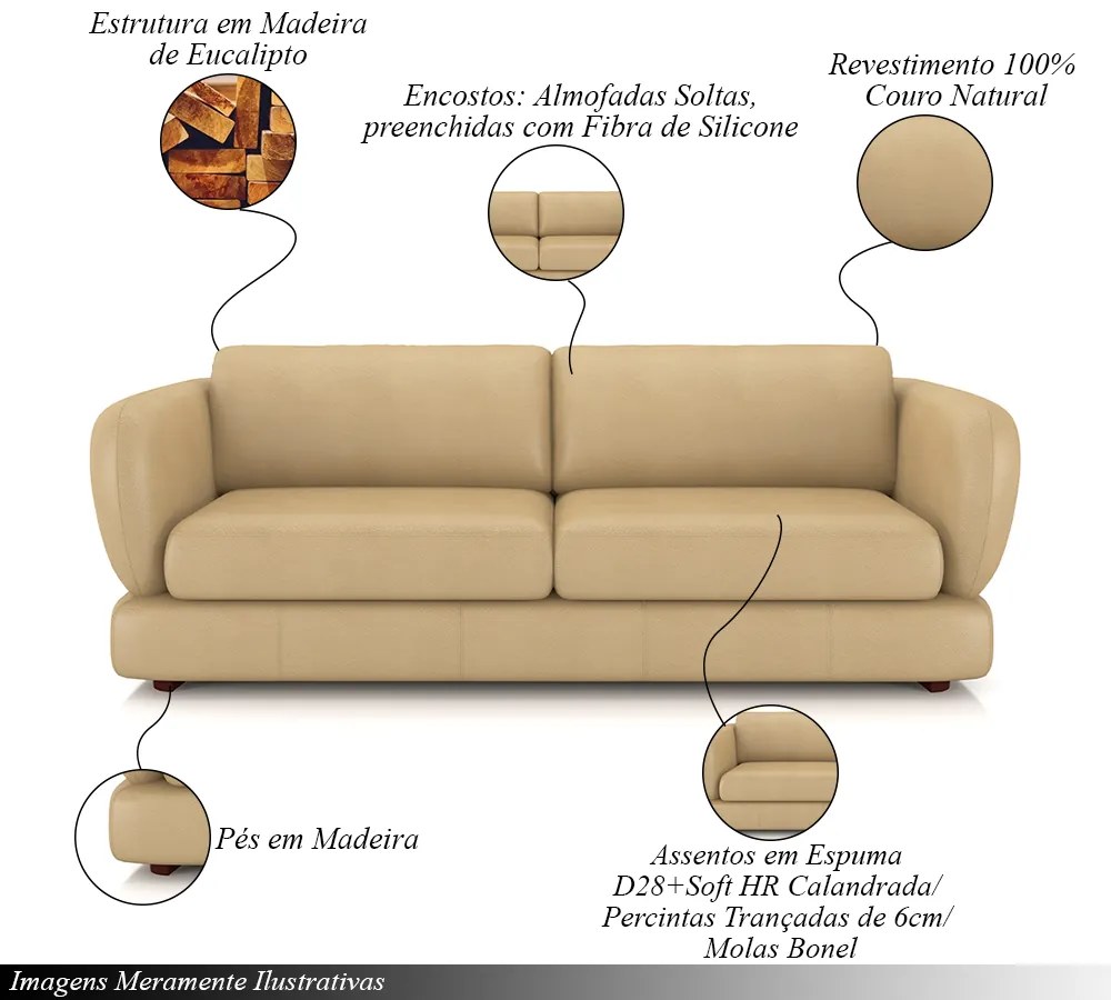 Sofá Living 3 Lugares 265cm Pés Madeira Dalian Couro Bege G52 - Gran Belo