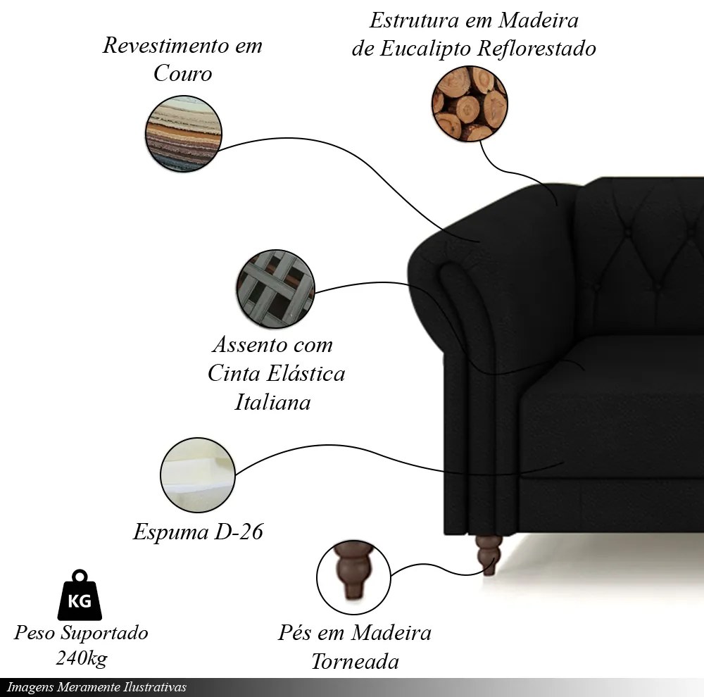 Sofá Living Sala de Estar Stanford Chesterfield 3 Lugares 260cm Pés de Madeira Couro Preto G58 - Gran Belo