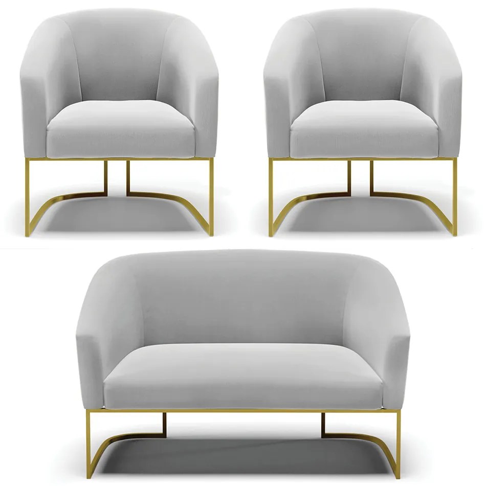 Namoradeira e 2 Poltronas Industrial Dourado Stella Suede D03 - D'Rossi Cinza