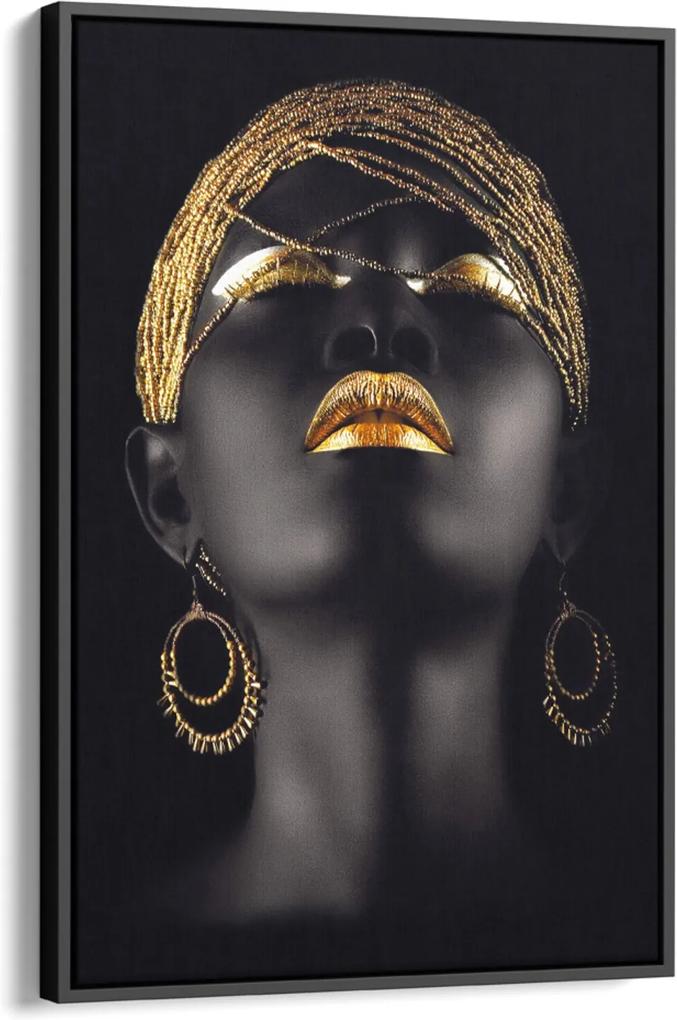 Quadro 90x60cm Mulher Negra Maquiagem Dourada Beltza Moldura Flutuante Filete Preta