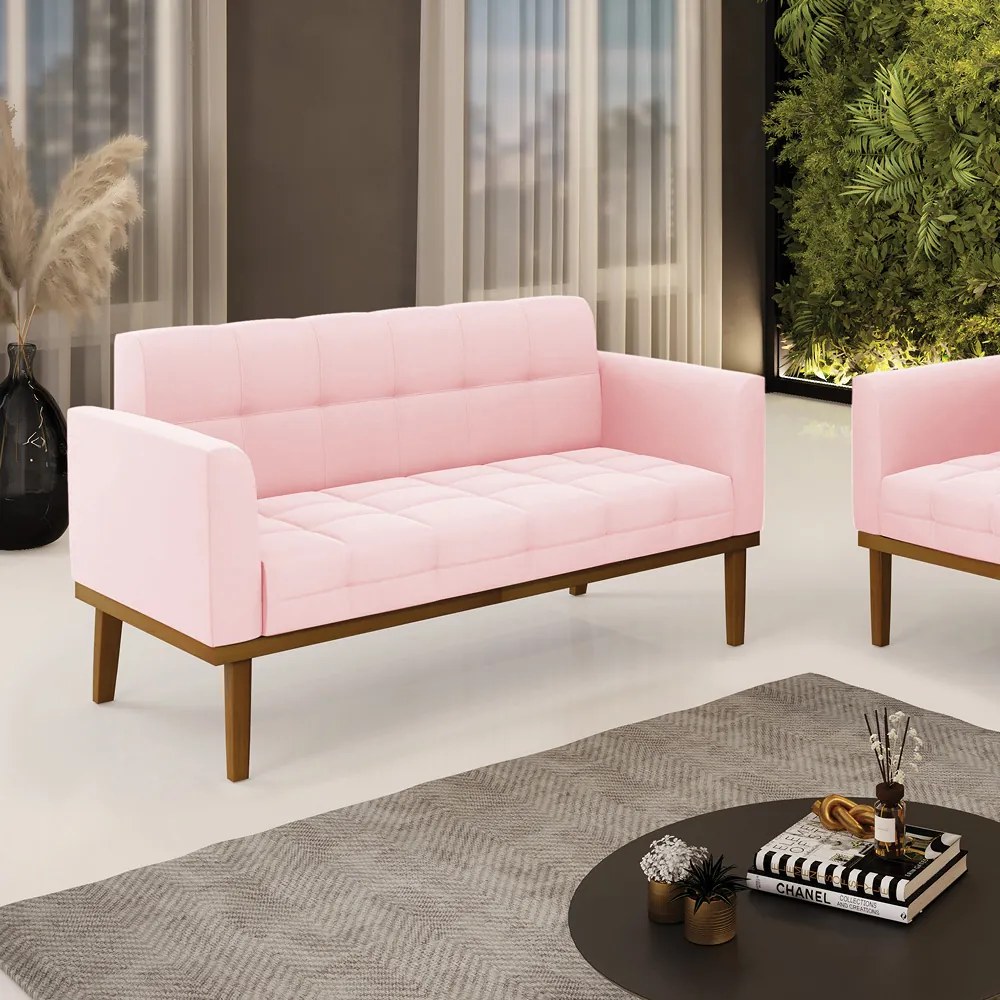 Poltrona Namoradeira Decorativa Karen Pés Fixo em Madeira Castanho Suede Rosa Bebê G19 - Gran Belo